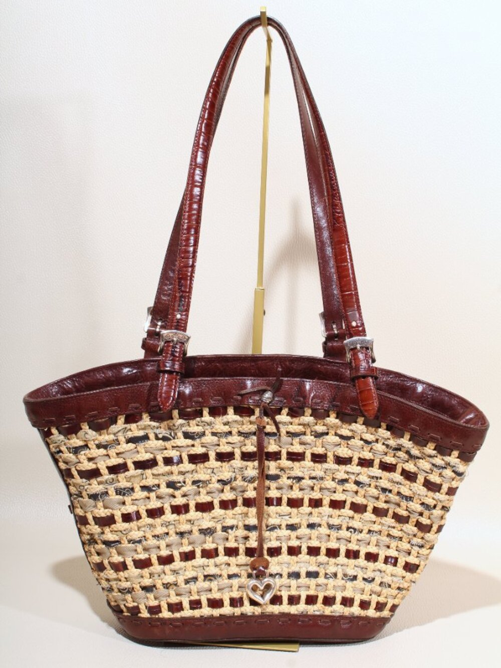Brighton Medium Brown Leather Trim Round Tote Bag W/ Paisley Interior